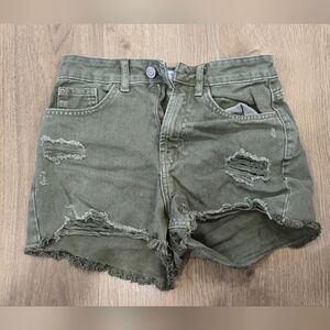 Primark Olive Green Jean Distressed Women Shorts
